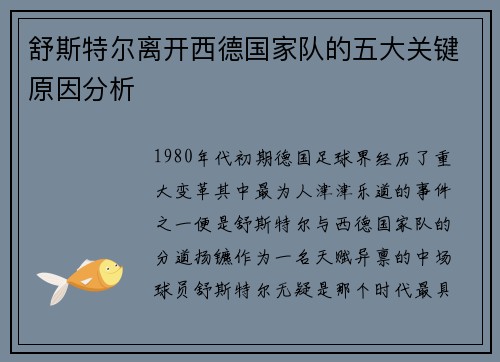舒斯特尔离开西德国家队的五大关键原因分析 舒斯特尔离开西德国家队的五大关键原因分析